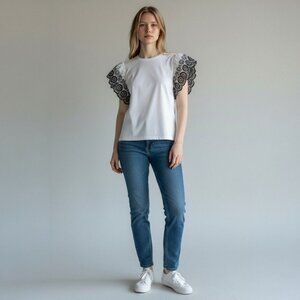 Elie Tahari White Shirt with Black Lace Puff Sleeves Women's Size Small New